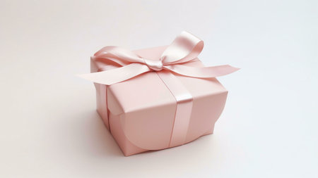 A close-up shot of a pink gift box with a satin ribbon tied in a bow.の写真素材