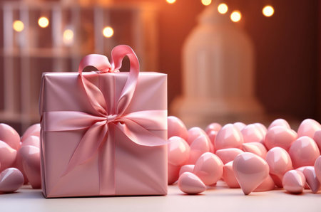 A pink gift box with a satin ribbon tied in a bow, surrounded by small pink hearts. The gift is perfect for a special occasion, such as Valentine's Day or a birthday.の写真素材