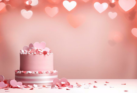 A delicious pink cake decorated with hearts, perfect for celebrating Valentine's Day.の写真素材