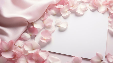 A delicate arrangement of pink rose petals surrounding a white card on a soft pink silk background.の写真素材