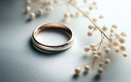 A wedding ring with a white gold band and a rose gold interior lies next to a sprig of white flowers, symbolizing love and commitment.の写真素材
