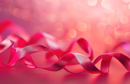 A pink satin ribbon in a delicate curl with a soft, blurred pink background, creating a romantic and elegant feel.の写真素材