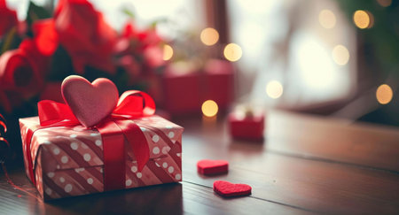 A close-up shot of a beautifully wrapped gift box with a red ribbon and a heart on top, symbolizing...