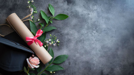 A flatlay of a graduation cap, diploma, flowers, and a ribbon on a gray background. It symbolizes achievement, success, and new beginnings.の写真素材