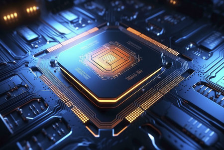 A close-up view of a modern CPU, the brain of a computer, nestled within its intricate motherboard...