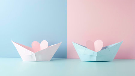 Two paper boats with hearts on a pastel blue and pink background.の写真素材