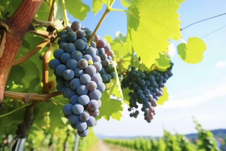 Close up of ripe grapes hanging from a vine in a vineyardの写真素材