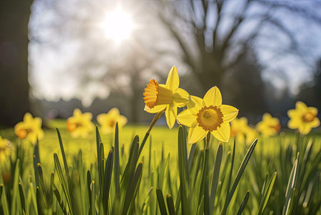 A close-up of a daffodil in bloom, with the sun shining through the petals.