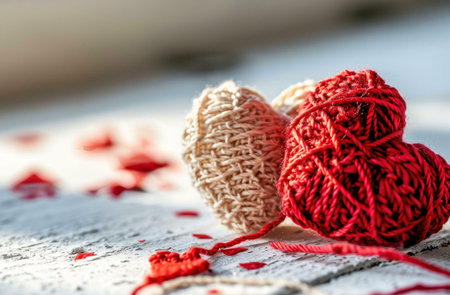 Two knitted hearts, one red and one white, lie on a wooden surface with scattered red yarn and...