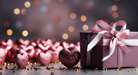 A pink gift box with a pink ribbon and hearts on a background of blurred lights.の写真素材