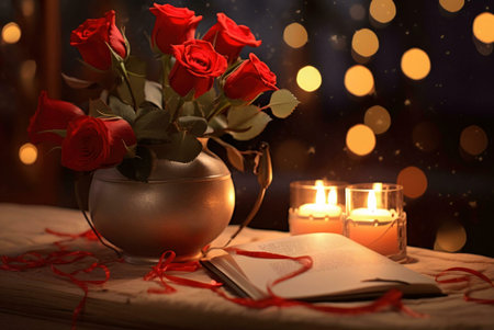 A bouquet of red roses in a vintage vase, lit candles and an open book create a romantic atmosphere for a cozy evening.の写真素材