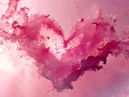 An abstract photograph of a pink liquid explosion forming a heart shape.の写真素材