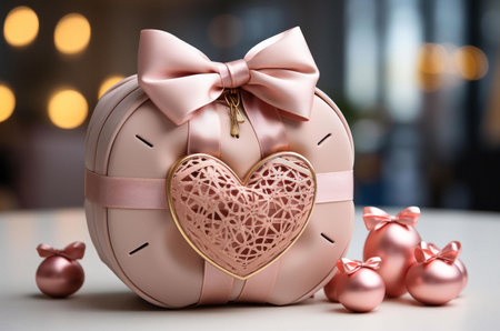 Close-up image of a pink heart shaped gift box with a ribbon and bow. The box is decorated with a...