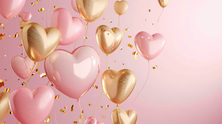 A beautiful image of pink and gold heart shaped balloons on a pastel pink background. Perfect for...