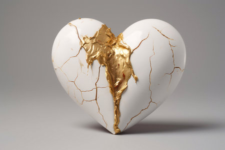 A white heart sculpture with cracks and gold paint flowing through itの写真素材