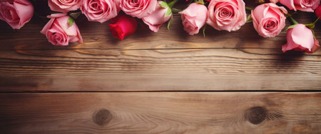 A beautiful arrangement of pink roses on a wooden background, creating a romantic and elegant setting.の写真素材