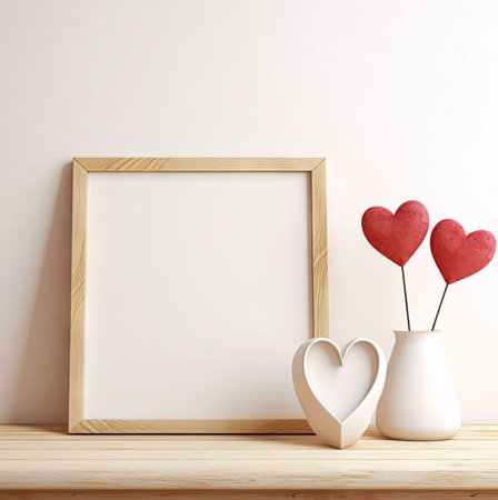 A white picture frame on a wooden table, adorned with red hearts and a vase, showcasing a romantic theme.の写真素材