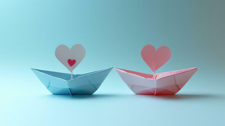 Two paper boats with hearts as sails on a blue background.の写真素材