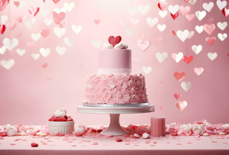 A two-tiered pink cake adorned with intricate frosting and hearts, perfect for a Valentine's Day...