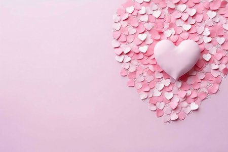 A pink heart is sitting on a pink background with a scattered array of pink hearts.の写真素材