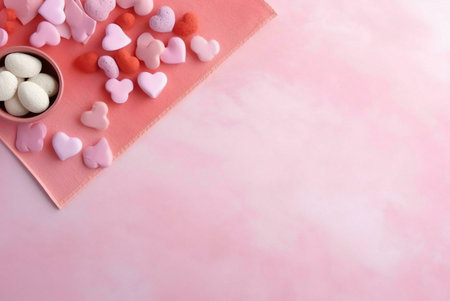 A pink background with pink and red hearts and sweets. It is a perfect background for Valentine's...