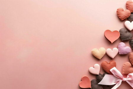 A pink background with many hearts of different colors and a pink ribbon. It's a perfect image for celebrating love and Valentine's day.の写真素材