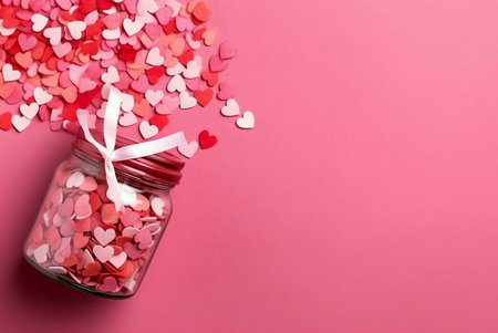 A glass jar filled with colorful heart shaped candies on a pink background.の写真素材