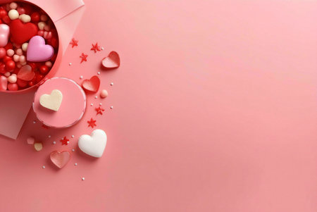 A beautiful and romantic composition of hearts, candy, and other decorations in shades of pink and red, perfect for Valentine's Day.の写真素材