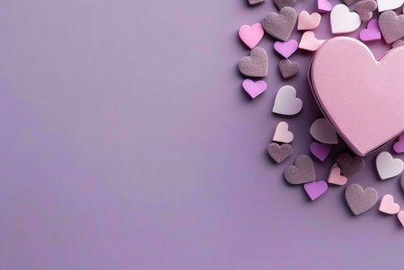 A heart-shaped gift box surrounded by scattered heart-shaped decorations on a purple background. This could be the perfect gift for Valentine's Day.の写真素材