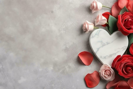 A heart shaped marble surrounded by roses and petals. It is a perfect decoration for Valentine's Day, anniversary or any other special occasion.の写真素材