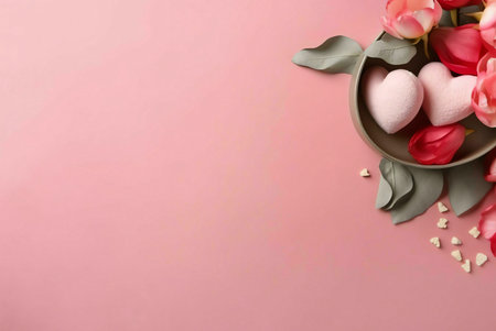 Pink background with two pink heart-shaped sponges in a bowl with roses and green leaves. Scattered...