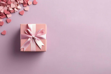 A pink gift box with a ribbon bow and hearts on a pink background. The image is perfect for celebrating special occasions or expressing love.の写真素材