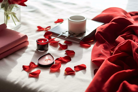 Two candles and rose petals on a white bed, creating a romantic and cozy atmosphere