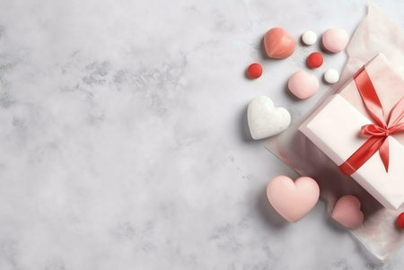A white gift box tied with a red ribbon and surrounded by pink and red hearts on a marble background...