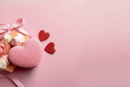 A pink gift box with a heart-shaped top, filled with marshmallows and a pink rose, decorated with a...
