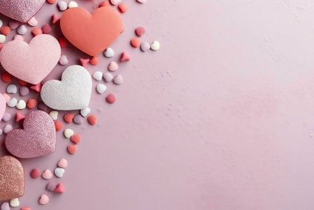 Pink and white hearts with candies on a pink background. A romantic image perfect for Valentine's Day.の写真素材