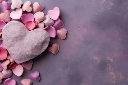 Many pink paper hearts on a purple background.