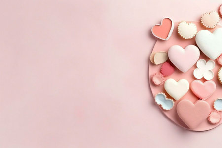 Pink heart-shaped cookies arranged on a pink background. Perfect for Valentine's Day.の写真素材
