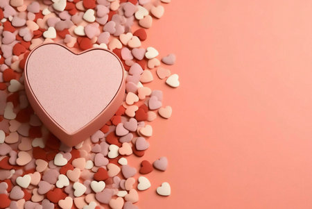 A heart-shaped box sits on a pink background surrounded by small, pink heart-shaped candies. It is a perfect setting for Valentine's Day.の写真素材
