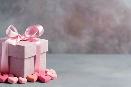A pink gift box with a bow and hearts, perfect for Valentine's Day or any special occasion.の写真素材
