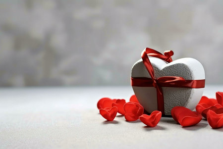 A heart shaped gift box wrapped in a red ribbon on a white table. There are some red heart shaped petals around it.の写真素材