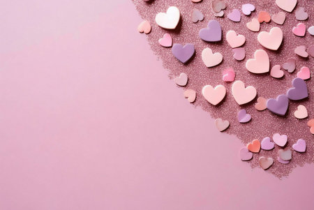 A closeup image of pink and purple hearts arranged on a glitter background. The hearts are arranged...