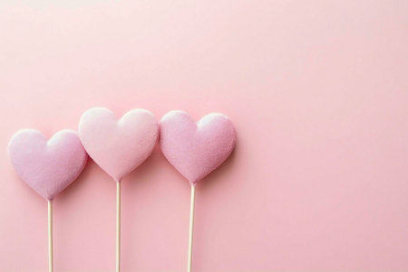 Three pink hearts on sticks arranged on a pink background.の写真素材