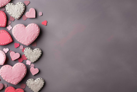 A Valentine's Day-themed image featuring various heart-shaped cookies in pink and silver against a gray backdrop.の写真素材