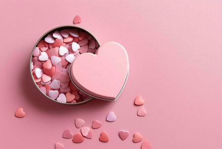 A pink heart-shaped box filled with pink hearts on a pink background, perfect for Valentine's Day.
