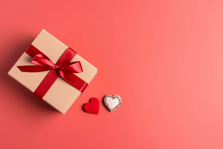 A gift box tied with a red ribbon and two hearts on a red background.の写真素材