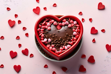 A heart-shaped chocolate dessert decorated with red and pink sprinkles, perfect for Valentine's Day.