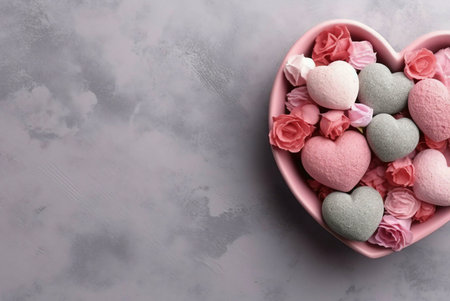 A heart-shaped bowl filled with pink and gray hearts, surrounded by delicate pink roses, creates a...