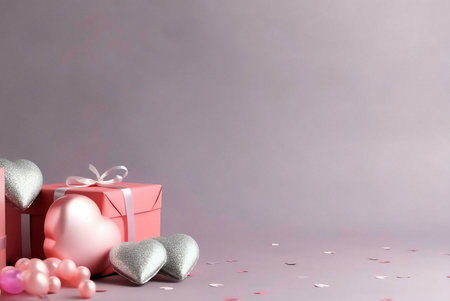 Pink and silver hearts with gifts and confetti, perfect for Valentines Day or any special occasion.の写真素材