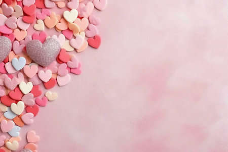 A cluster of pink, red and white hearts arranged on a pastel pink background, with a glitter effect. The image has a romantic and festive feel, perfect for Valentine's Day or other romantic occasions.の写真素材